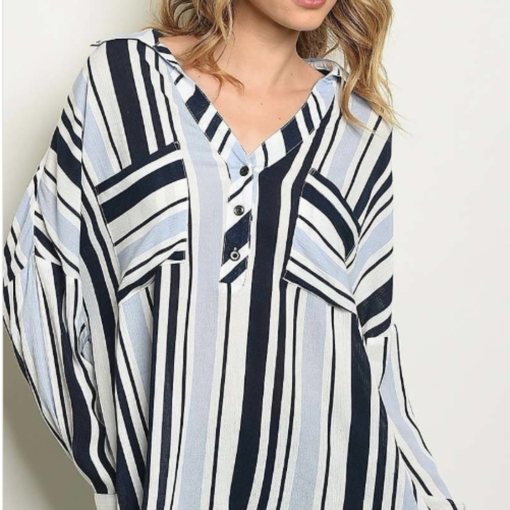 Navy Loose Fit Stripe Top with Pocket Detail